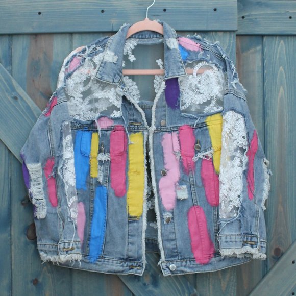 Wren & Glory Jackets & Blazers - Wren & Glory Rainbows and Lace Denim Upcycled Painted Jacket Size Medium